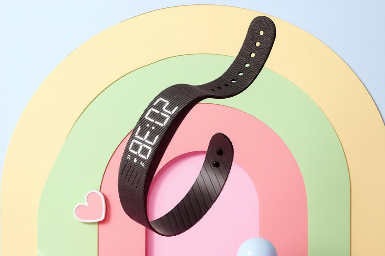 Black digital watch strap on a colorful background with text about its softness and comfort.