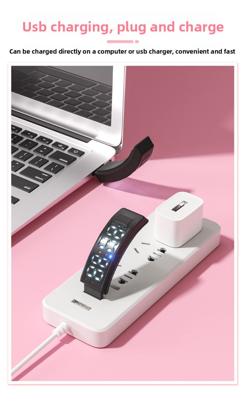 Laptop, smartwatch, and multiple USB chargers on a pink surface with text about charging options.